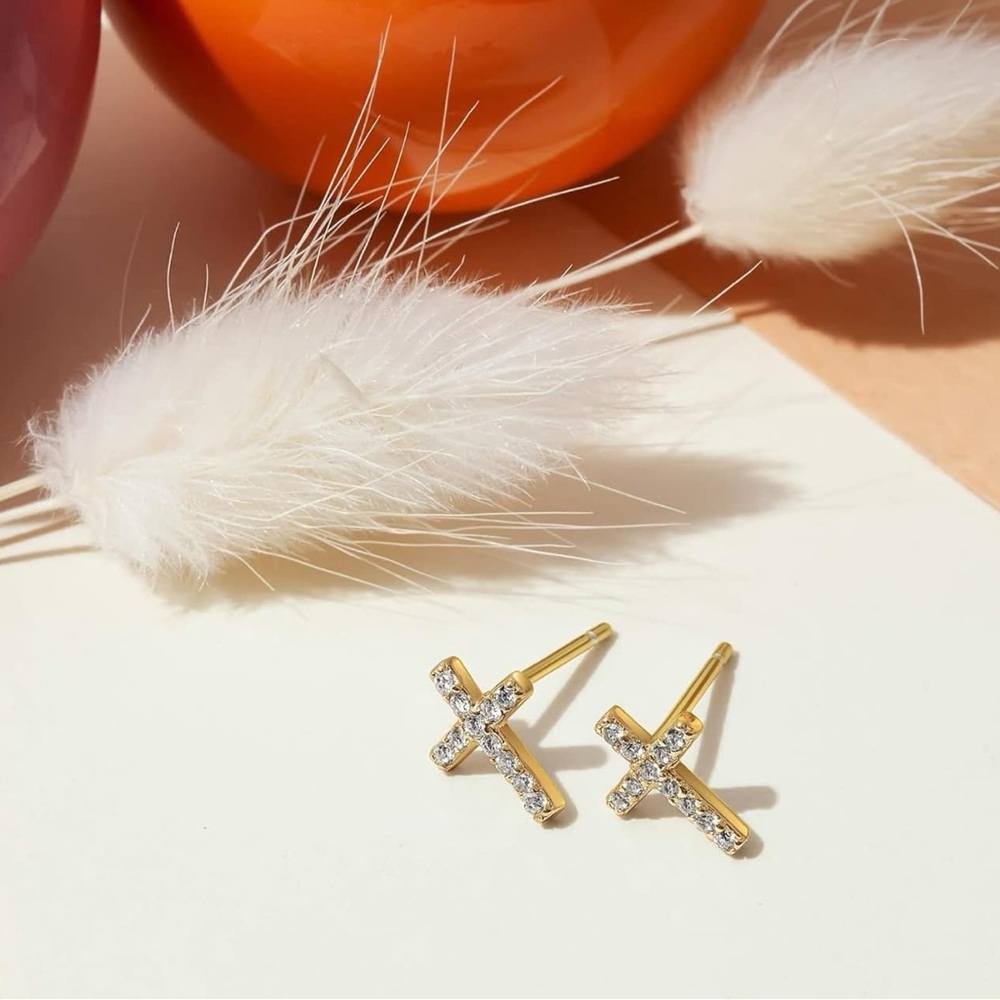 14K Gold Plated Sterling Silver Posts Cross Earrings for Women